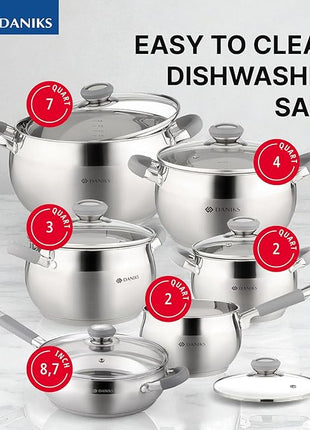 Daniks Modern 11-Piece Stainless Steel Induction Cookware Set – Dishwasher Safe Saucepan, Pots with Heatproof Handles, Glass Lids, Frying Pan with Lid, Silver