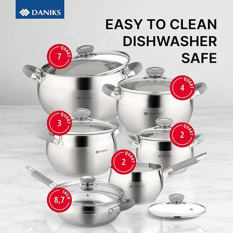 Daniks Modern 11-Piece Stainless Steel Induction Cookware Set – Dishwasher Safe Saucepan, Pots with Heatproof Handles, Glass Lids, Frying Pan with Lid, Silver