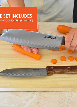IMUSA, 2pc 5" & 7" Santoku Knife Set w/Wood Handle, Stainless Steel Kitchen Cooking Knifes