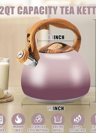 Tea Kettle for Stove Top, 3.2QT Whistling Tea Pots with Wood Parttern Handle, Stainless Steel Teapot for Home and Kitchen (Purple Gradient)