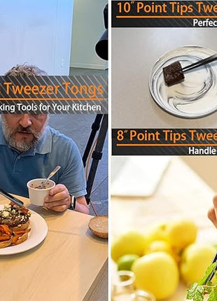 JETKONG 3 Pcs Kitchen Tweezers Tongs, Stainless Steel Cooking Tweezers, 8+10+12 Inch Ideal for meat, pasta, plating and pinching delicate small pieces of food (Black)