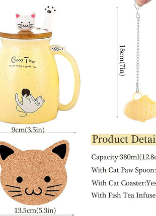 BigNoseDeer Tea Cup With Infuser and Lid Ceramic Coffee Mug Kawaii Cat Mug Cute Mugs Tea Mug Cute Cool Preppy Stuff Cat Gifts Birthday Gifts Cute Gifts for Women Girls(13oz)