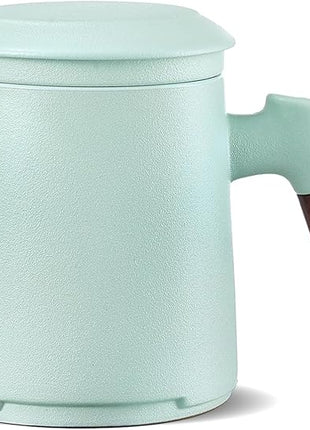 ZENS Tea Cup with Infuser and Lid for Loose Leaf Steeping, 16.9oz Embossed Ceramic Tea Infuser Mug, Wood Handle Tea Diffuser, Great Gift