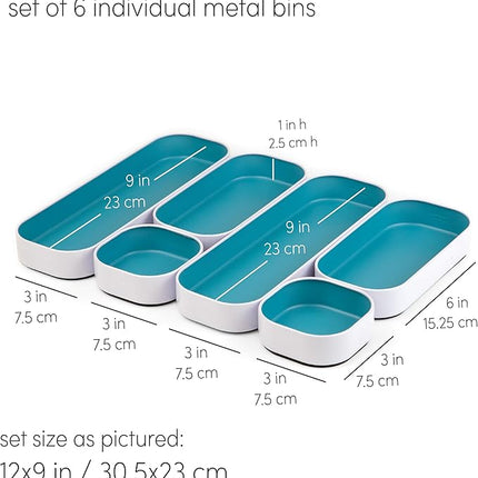Three by Three Seattle 6 Piece Metal Stacking Bins + Drawer Organizers Set: Elevate Your Desk Organization with Playful Stackable Metal Organizers: Fun, Functional, and Stylish (Sky Blue)