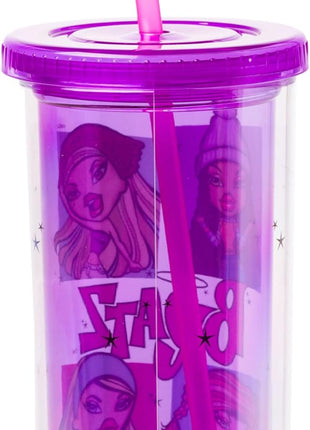 Silver Buffalo Bratz Grid Featuring Cloe, Yasmin, Jade, and Sasha Plastic Tall Cold Cup with Lid and Straw, 20 Ounces