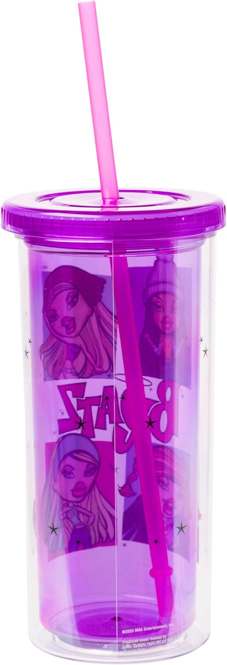 Silver Buffalo Bratz Grid Featuring Cloe, Yasmin, Jade, and Sasha Plastic Tall Cold Cup with Lid and Straw, 20 Ounces