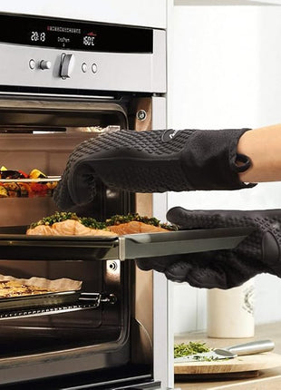 Silicone Cooking Gloves, Grilling Gloves, Heat Resistant Gloves BBQ Kitchen Silicone Oven Mitts, Long Waterproof Non-Slip Potholder for Barbecue, Cooking, Baking
