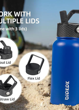 BJPKPK Insulated Water Bottles with Straw Lid, 27oz Stainless Steel Water Bottle with 3 Lids, Leak Proof BPA Free Metal Thermo, Mugs, Tumblers, Keep Cold Hot - Sapphire