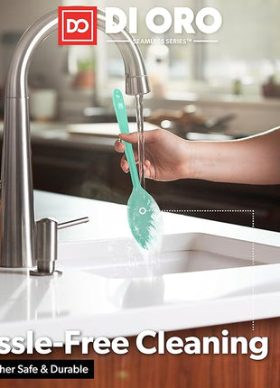 DI ORO Silicone Spoons for Cooking - Large Kitchen Spoons for Mixing, Serving, & Stirring - 600°F Heat-Resistant Non Stick Utensils – Big Solid & Slotted Basting Spoons - Dishwasher Safe (2pc, Mint)