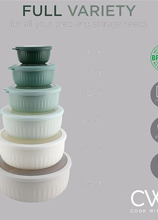 COOK WITH COLOR Prep Bowls with Lids- Wide and Deep Nesting Plastic Small Mixing Bowl Set with Lids, 12 Piece Set - Wide Bowls, Green