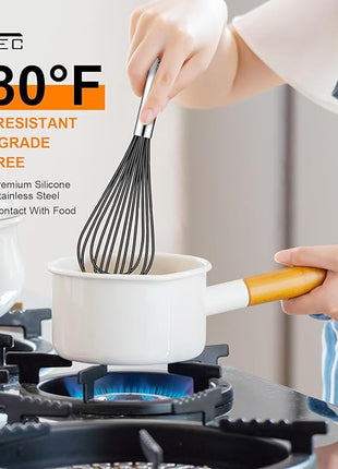 HOTEC 4 Pieces Silicone Whisks Set, Wire Balloon Whisks Egg Beater, Non-slip Handle Whisk for Non-stick Cookware Perfect for Cooking, Stirring, Beating and Blending (Black)