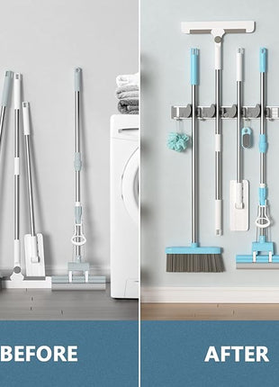 Holikme Mop Broom Holder Wall Mount Metal Pantry Organization and Storage Garden Kitchen Tool Organizer Wall Hanger for Home Goods (4 Positions with 4 Hooks, Silver)