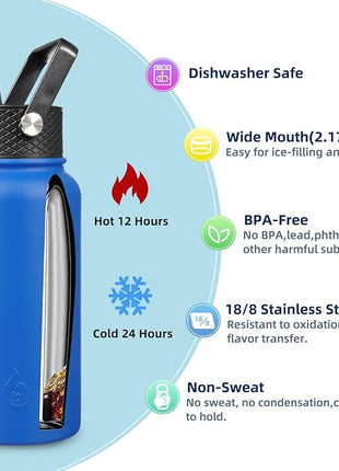 BJPKPK Insulated Water Bottles with Straw Lid, 27oz Stainless Steel Water Bottle with 3 Lids, Leak Proof BPA Free Metal Thermo, Mugs, Tumblers, Keep Cold Hot -Sapphire