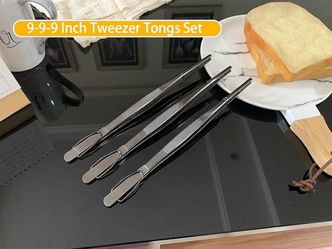 JETKONG 9-Inch Serving Tweezer Tongs Kitchen Tweezers Stainless Steel Cooking Tweezers, Set of 3 (9 9 9 Inch, Black)