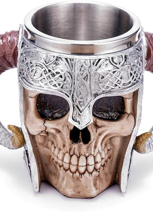 Stainless Steel Double Handle Horn Skull Beer Cup, Viking Warrior Skull Mug Tankard, Medieval Drinkware Mug for Coffee/Beverage/Juice 17oz.
