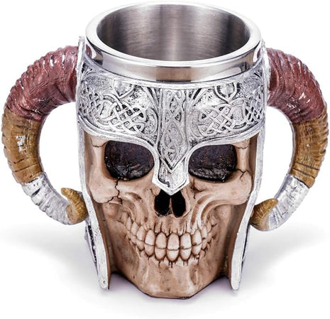 Stainless Steel Double Handle Horn Skull Beer Cup, Viking Warrior Skull Mug Tankard, Medieval Drinkware Mug for Coffee/Beverage/Juice 17oz.