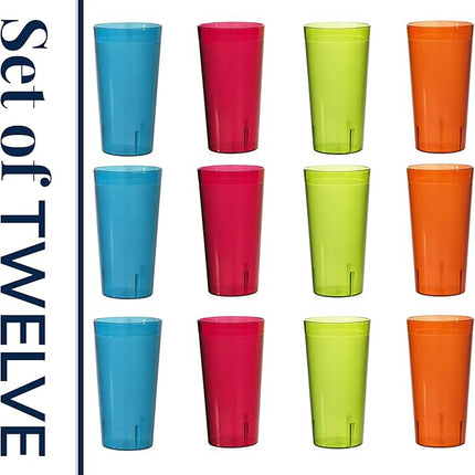 US Acrylic Café Plastic Reusable Tumblers (Set of 12) 32-ounce Iced-Tea Cups, Assorted | Value Set of Restaurant Style Drinking Glasses, Stackable, BPA-free, Made in the USA | Top-rack Dishwasher Safe
