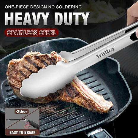 Walfos Stainless Steel Kitchen Tongs for Cooking- 7 ，9 and 12 Inch, Food Grade Metal Tongs for Cooking, BBQ, Set of 3 Heavy Duty Locking Cooking Tongs Non-Slip Grip
