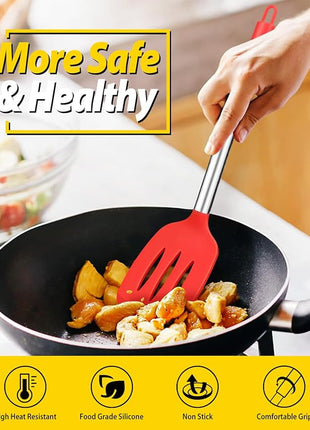 Pack of 4 Silicone Cooking Utensils Set, Non Stick Large Solid Spatulas, Heat Resistant Slotted Spoons, Ideal BPA Free Kitchen Turners for Frying, Mixing,Serving,Draining,Turning,Stirring (RED)