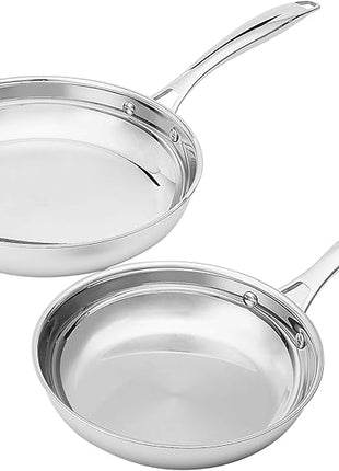 Amazon Basics 2-Piece Oven Safe, Riveted Handle Stainless Steel Induction Frying Pan Set - Silver, 8-inch & 10-inch