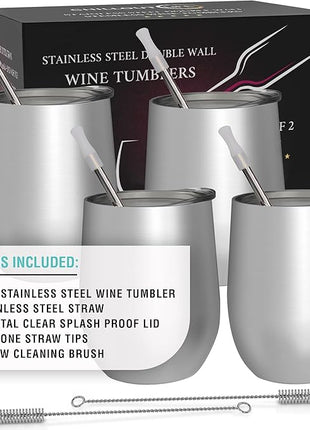CHILLOUT LIFE 12 oz Stainless Steel Wine Tumblers 4 Pack - Double Wall Vacuum Insulated Wine Glasses Cups with Lids and Straws Set Keeping Cold & Hot for Coffee, Beer, Ice Cream - Dishwasher Safe