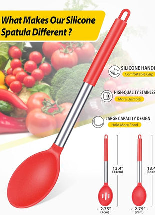 Pack of 2 Large Silicone Cooking Spoons,Non Stick Solid Basting Spoon,Heat-Resistant Kitchen Utensils for Mixing,Serving,Draining,Stirring (RED)
