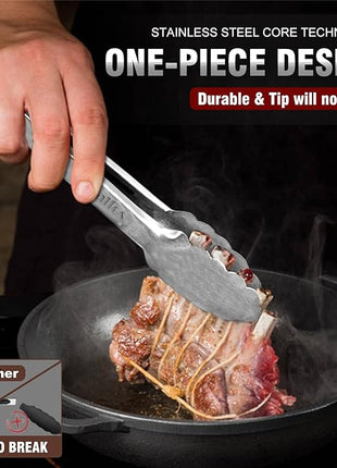 Walfos Kitchen Tongs for Cooking, 600℉ Heat Resistant Stainless Steel Tongs, All Metal Heavy Duty Tongs For Food ,BBQ Grilling - 7 ，9 and 12 Inch ,Set of 3