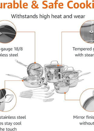 Amazon Basics Stainless Steel Cookware 15-Piece Set, Oven Safe, Pots and Pans, Induction-Ready, Even Heating, Easy to Clean, Heavy Duty, Silver