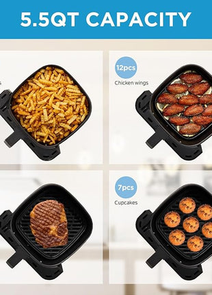 Midea Air Fryer 5.5QT, Heatexpress Rapid Air Technology, 9 Preset Menus, Quick and Easy Meals, 1 Minute Button and Favorite Function, 90% less oil, Easy to Clean, Varied Recipes