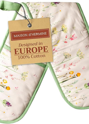 Maison d' Hermine Double Oven Mitts 100% Cotton 7"x35" Double Oven Mitt Heat Resistant BBQ Cooking Gloves with Loop, Baking, Grilling, Home, Kitchen, Handling Hot Pans Spring Summer (Botanical Fresh)