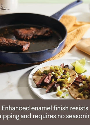 Ayesha Curry Kitchenware Enameled Cast Iron Skillet/Frying Pan with Helper Handle and Pour Spouts, 12 Inch - Anchor Blue