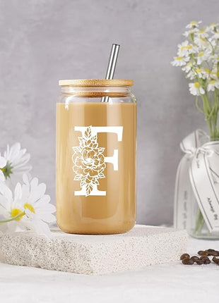 Coolife Initial Glass Cup, Monogrammed Gifts for Women, 16 oz Glass Cups w/Lids Straws, Iced Coffee Smoothie Beer Tumbler w/Straw Lid - Personalized Christmas, Birthday Gifts for Her Mom Friend Woman