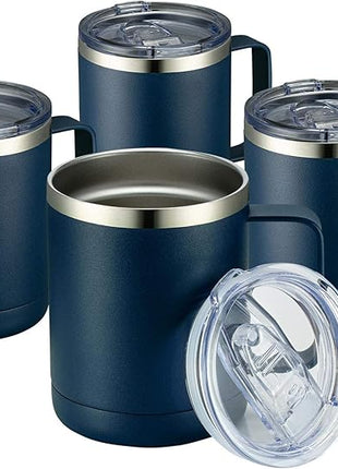 MEWAY 12oz Coffee Mug With Handle 4 Pack Bulk,Stainless Steel Insulated Travel Tumblers With Sliding Lid,Double Wall Vacuum Camping Cup for Hot & Cold Drinks Tea (Navy,Set of 4)