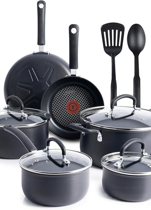 T-fal Ultimate Hard Anodized Nonstick Cookware Set 12 Piece, Oven Broiler Safe 400F, Lid Safe 350F, Kitchen Cooking Set w/Fry Pans, Saucepans, Dutch Oven, Pots and Pans, Dishwasher Safe, Black