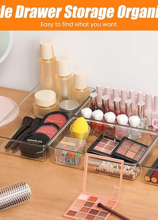 9 Pack Clear Plastic Drawer Organizer Set, Acrylic Non Slip Non Cracking Kitchen Drawer Storage Tray Large Size Divider, Multifunctional Storage for Cosmetics, Bathroom, Tools, Kitchen and Office