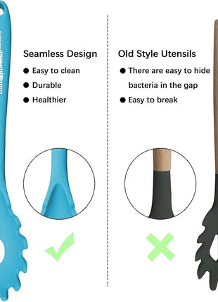 Silicone Cooking Spoons, Heat Resistant Large Silicone Pasta Slotted Spoon Solid Basting Spoon set for Nonstick Cookware, BPA Free Black Kitchen Silicone Spoons set for Mixing, Serving, Draining Blue