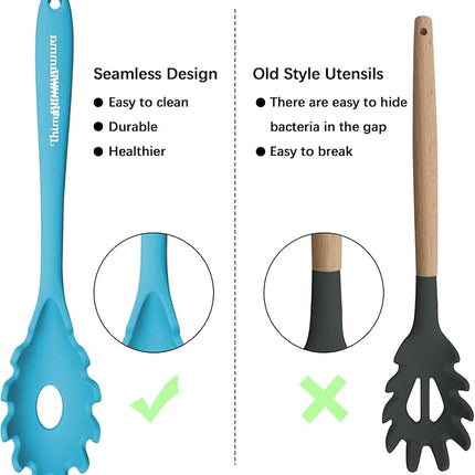 Silicone Cooking Spoons, Heat Resistant Large Silicone Pasta Slotted Spoon Solid Basting Spoon set for Nonstick Cookware, BPA Free Black Kitchen Silicone Spoons set for Mixing, Serving, Draining Blue