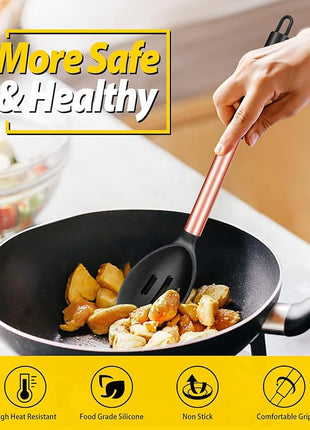 Pack of 2 Large Silicone Cooking Spoons,Non Stick Solid Basting Spoon,Heat-Resistant Kitchen Utensils for Mixing,Serving,Draining,Stirring (ROSE GOLD BLACK)