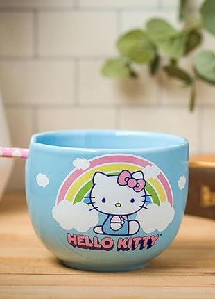 Silver Buffalo Hello Kitty Rainbow and Clouds Ceramic Ramen Noodle Rice Bowl with Chopsticks, Microwave Safe, 20 Ounces
