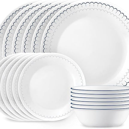 Corelle 18-Piece Dinnerware Set Service for 6, Lightweight Round Plates and Bowls Set, Vitrelle Triple Layer Glass, Chip Resistant, Microwave and Dishwasher Safe, Caspian