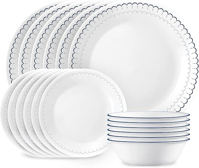 Corelle 18-Piece Dinnerware Set Service for 6, Lightweight Round Plates and Bowls Set, Vitrelle Triple Layer Glass, Chip Resistant, Microwave and Dishwasher Safe, Caspian