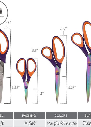 BambooMN Titanium Softgrip Scissors Set - Pinking, Sewing, Arts, Crafts, Office - 30 Sets of 4 - Purple w/Orange