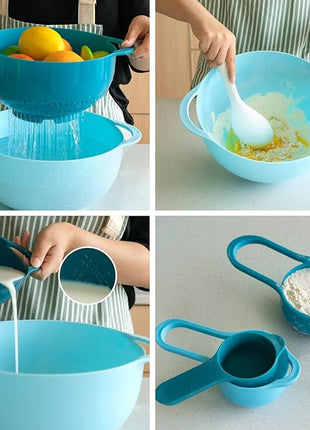 Mixing Bowls-Plastic Nesting Mixing Bowl Set of 8, Kitchen Gadgets for Apartments Space Saving, Including Measuring Cups Sifter Colander, Easy Storage Cooking Baking, Rv Camper Accessories, No BPA