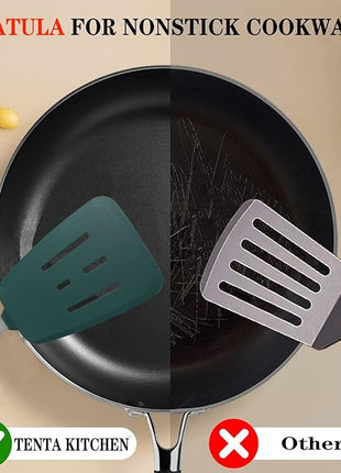 Silicone Spatula Set of 2 for Nonstick Cookware,Tenta Tenta Kitchen Slotted Angle Round Pancake Spatulas 600°F Heat Resistant Classic Rubber Spatula Set For Cooking-Dark Blue