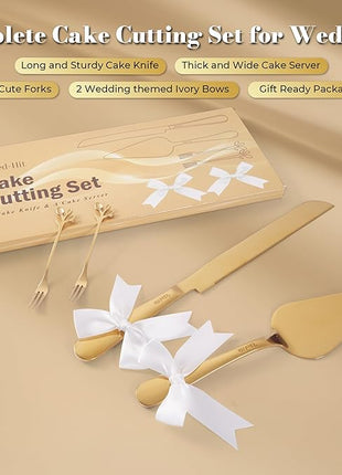 Wedding Cake Cutting Set, Elegant Wedding Cake Knife and Server Set with Thick Stainless Steel Wide Handle, Cake Cutting Set for Wedding Anniversary Christmas, Cake Cutter, 2 Cute Forks and Bows, Gold