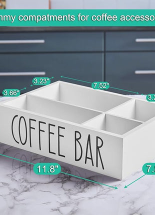 ALELION ALEION White Coffee Station Organizer - Wood Countertop Accessories Organizer with Removable Dividers for Pods Condiment Syrup Tea Cups Stirrers