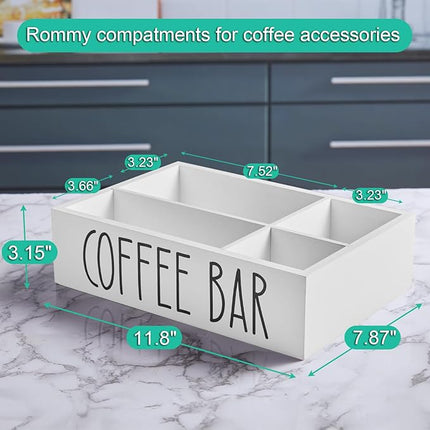 ALELION ALEION White Coffee Station Organizer - Wood Countertop Accessories Organizer with Removable Dividers for Pods Condiment Syrup Tea Cups Stirrers