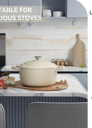 Miereirl 6 Quart Enameled Dutch Oven Pot with Lid, Cast Iron Dutch Oven with Dual Handles for Bread Baking, Cooking, Non-stick Enamel Coated Cookware (Beige)