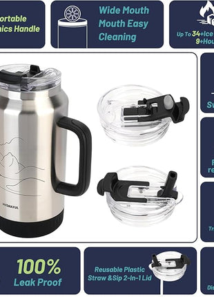 Hydraful 64 oz Tumbler with Handle and Straw - 100% Leak-Proof - Insulated Cup Reusable Stainless Steel Large Water Bottle Travel Mug for Gym, Hiking, and Camping - Gifts for Women Men Him Her