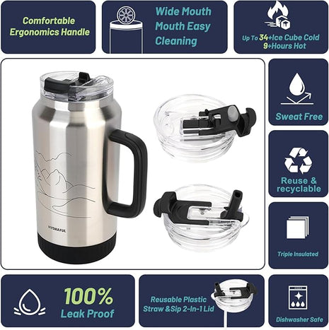 Hydraful 64 oz Tumbler with Handle and Straw - 100% Leak-Proof - Insulated Cup Reusable Stainless Steel Large Water Bottle Travel Mug for Gym, Hiking, and Camping - Gifts for Women Men Him Her